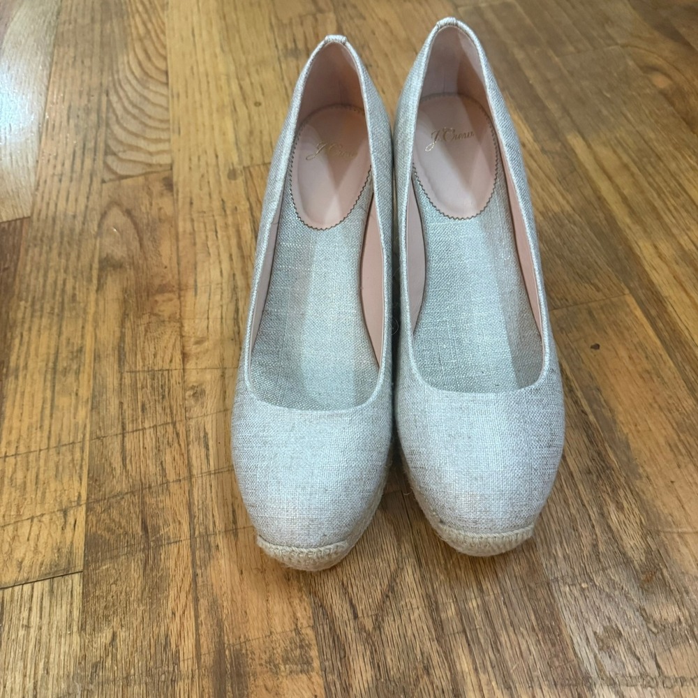 J. Crew Seville Espadrille Wedge Heels Linen Flax Canvas Beige Slip On Size 10